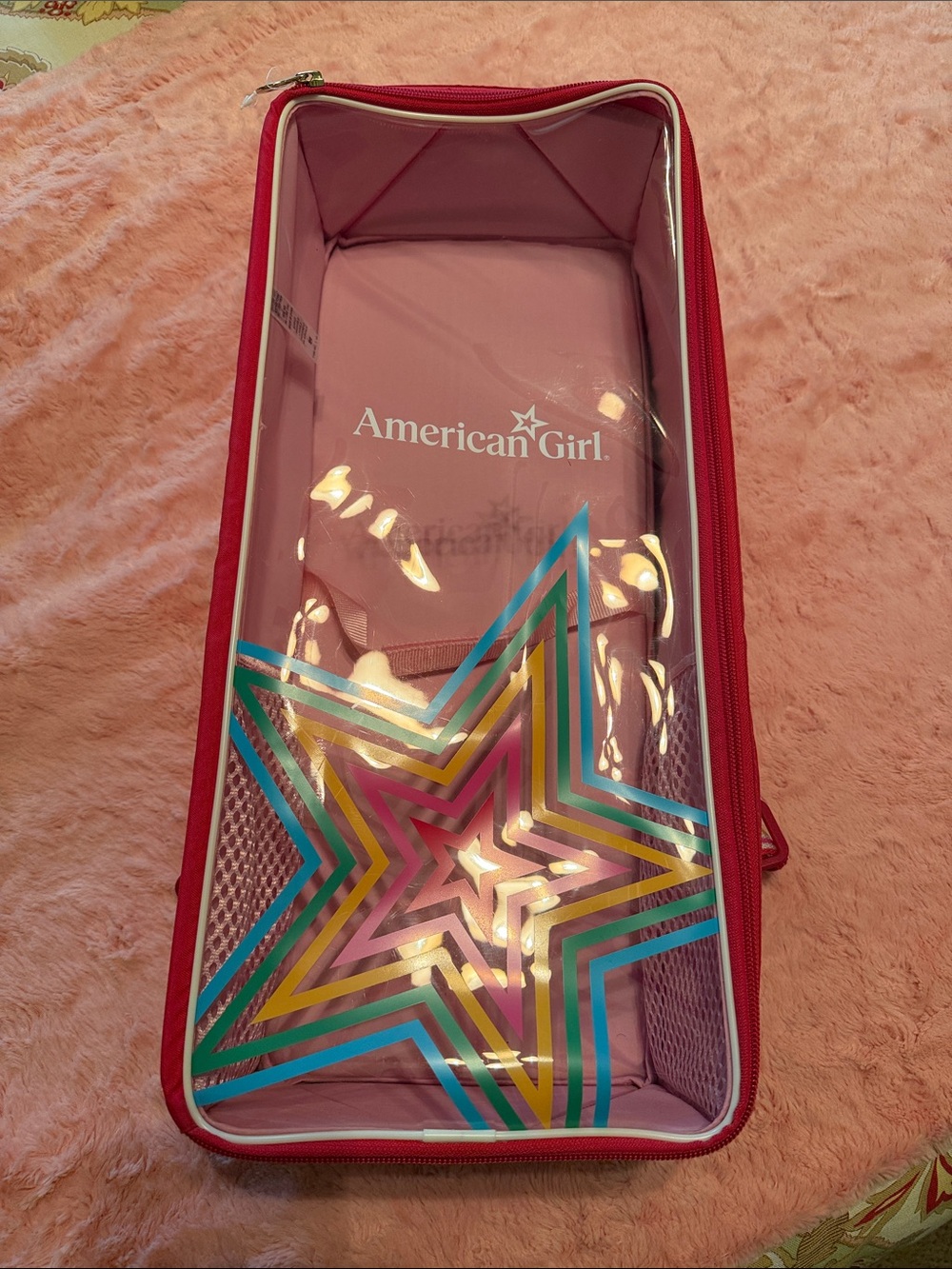 American Girl Pink Clear Backpack Case with Multicolor Star Design